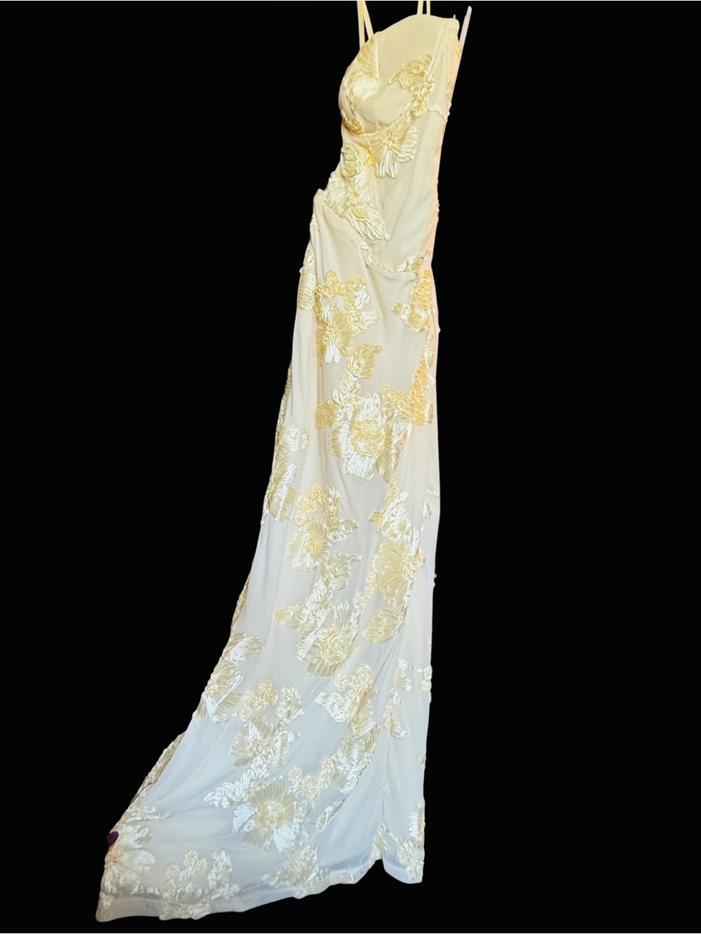 Lulus Nantessa Pale Yellow Floral Applique Lace-Up Back Maxi Dress Slit Medium - Picture 11 of 11